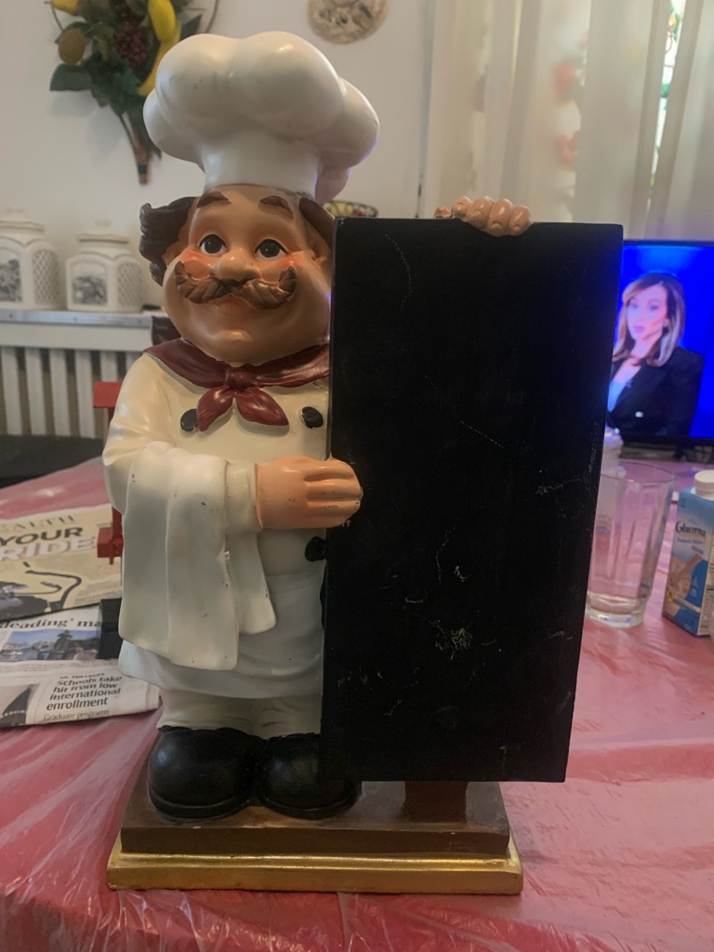 Source Unknown White Chef Figurine with Black Chalkboard Sign
